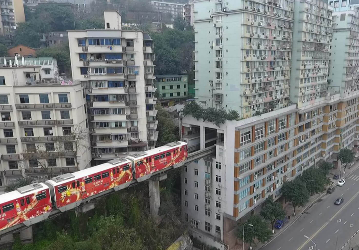 A subway in Chongqing passes through a building 3