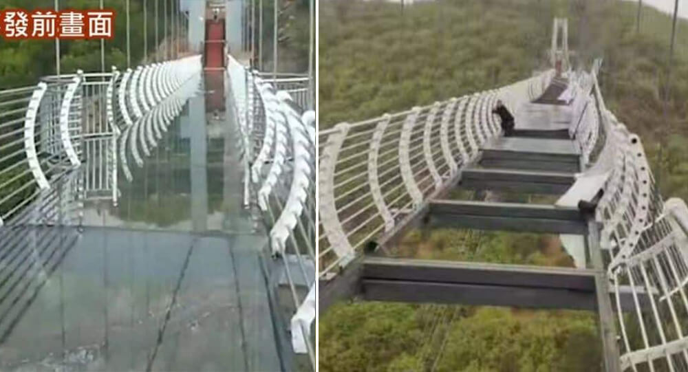 Tourist in China left hanging from 330-ft-high glass bridge as wind blows away its panels